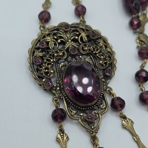 VTG Art Deco Czech Glass Amethyst Lavalier Necklace & Screwback Earrings Set